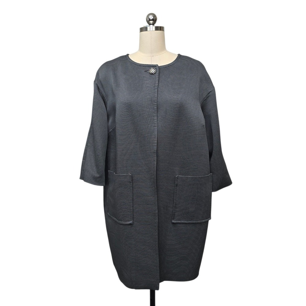 St. John Grey Ribbed Topper Coat Silk Blend Lined 3/4 Sleeve Size 10
